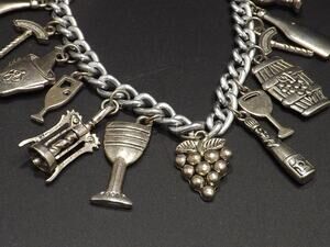 Vintage Wine Lovers Charm Bracelet, Sixteen Wine Related Charms